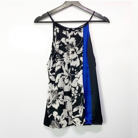 Express Womens XS Black/Blue Floral Ruched Halter High-Neck Elastic Waist Blouse - Picture 1 of 10